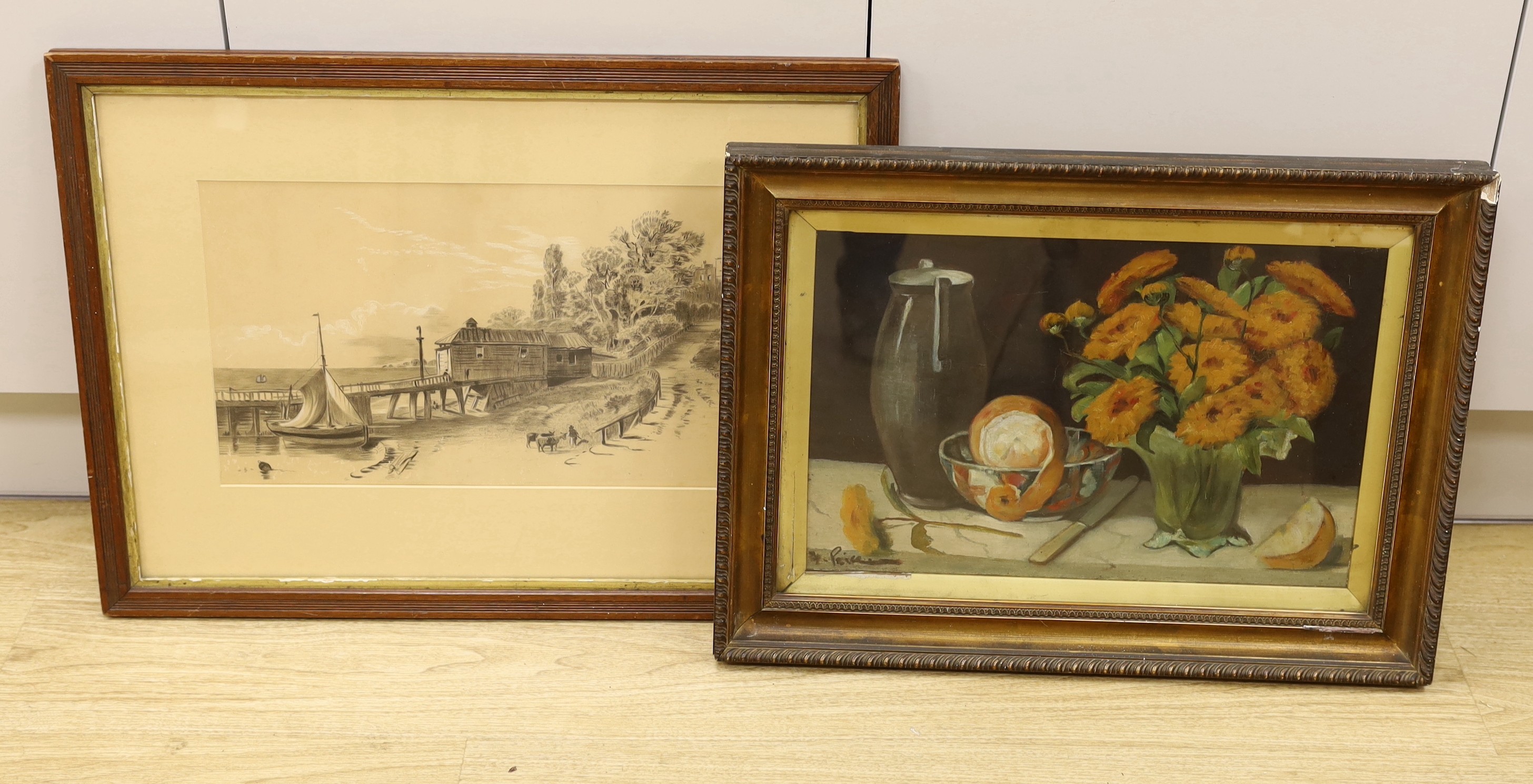 F. Price, oil on canvas, Table top still life, signed, 30 x 44cm and a monochrome drawing, Estuary scene, 26 x 45cm